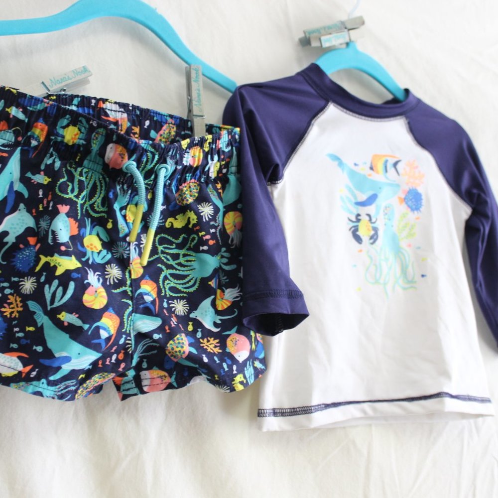 Set 💙 Cat & Jack Tropical Rash Guard Swim Shorts 12M Sunglasses - Picture 7 of 12